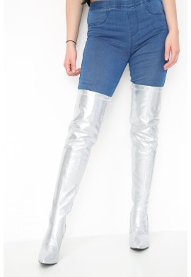 Women Thigh High Kinky Over The Knee Stiletto Boots- Silver Patent