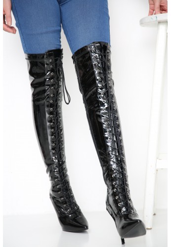 Womens Thigh Kinky Over The Knee Stiletto Boots Black Patent