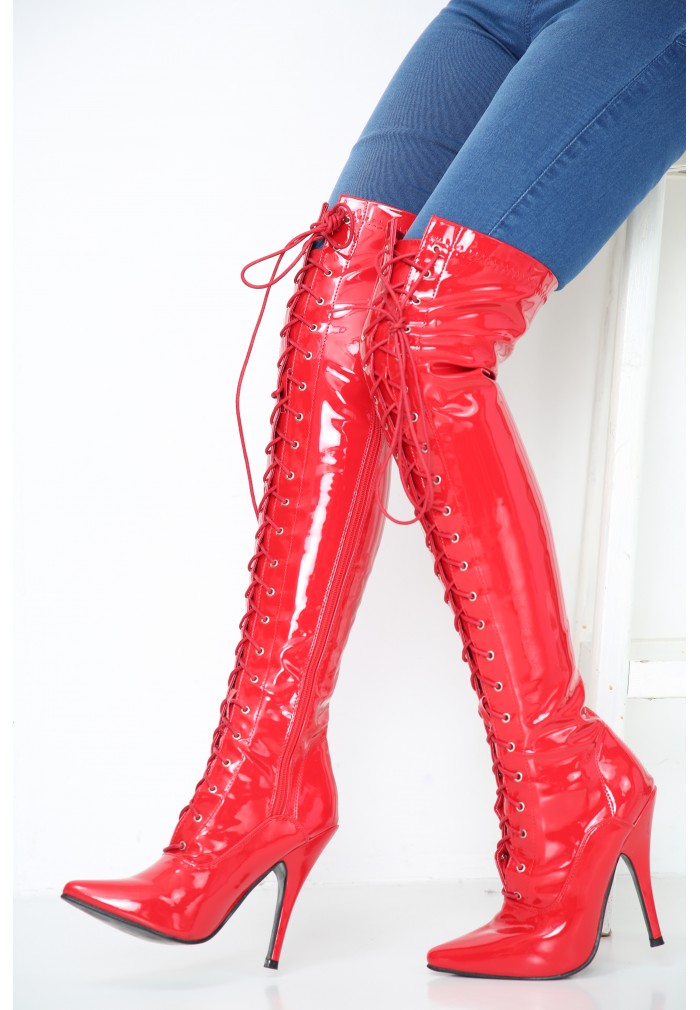 Women Thigh Kinky Over The Knee Stiletto Boots Red Patent Gizelle Store