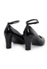 Womens  Ankle Strap Mid Block Heel Black Patent