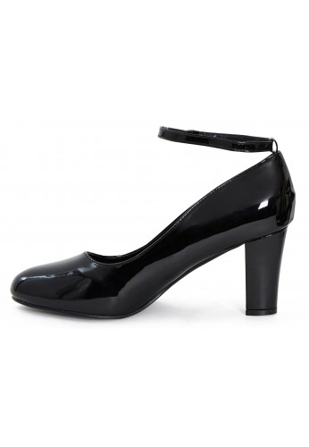 Womens  Ankle Strap Mid Block Heel Black Patent