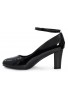 Womens  Ankle Strap Mid Block Heel Black Patent