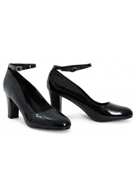 Womens  Ankle Strap Mid Block Heel Black Patent