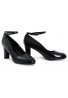 Womens  Ankle Strap Mid Block Heel Black Patent