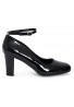 Womens  Ankle Strap Mid Block Heel Black Patent