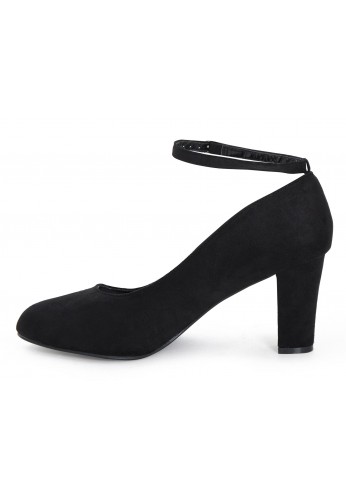 Womens  Ankle Strap Mid Block Heel Black Suede