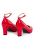 Womens  Ankle Strap Mid Block Heel Red Patent