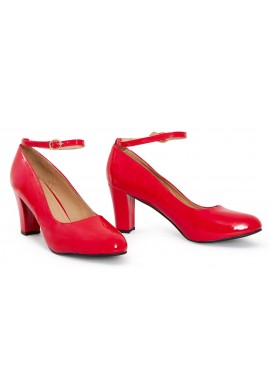 Womens  Ankle Strap Mid Block Heel Red Patent