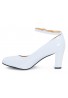 Womens  Ankle Strap Mid Block Heel White Patent