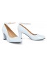 Womens  Ankle Strap Mid Block Heel White Patent