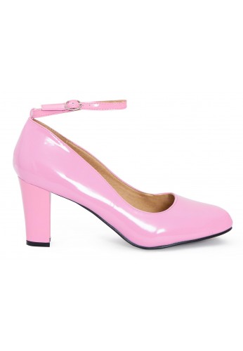 Womens  Ankle Strap Mid Block Heel Pink patent
