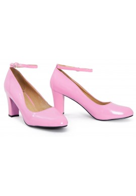 Womens  Ankle Strap Mid Block Heel Pink Patent