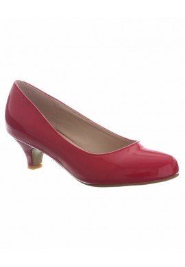 Women Round Toe Kitten Heel Shoes Red Patent